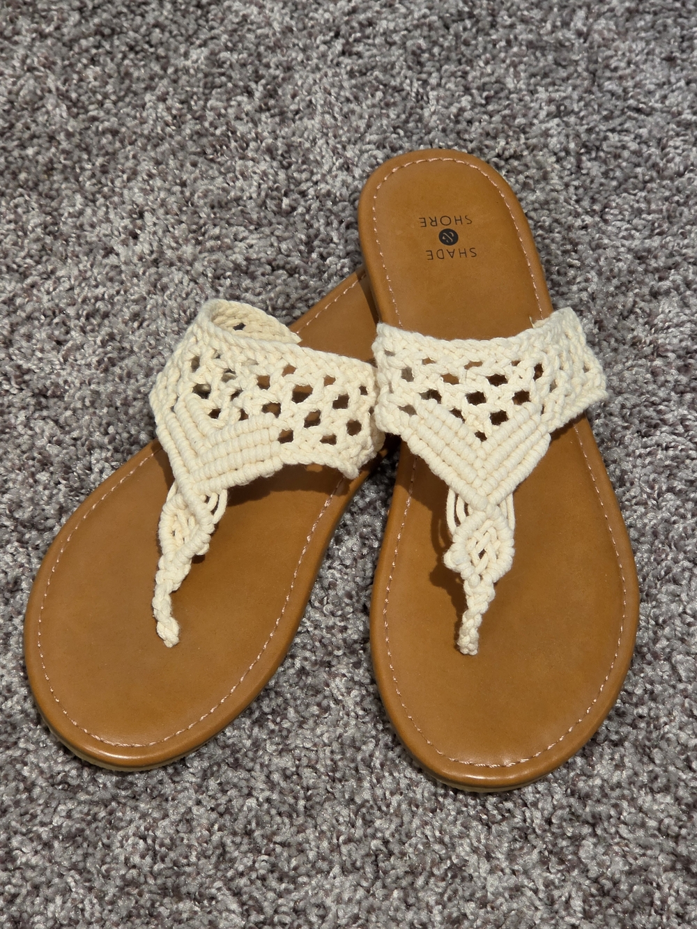 Shade & Shore Cream Macramé Thong Sandals with Tan Footbed